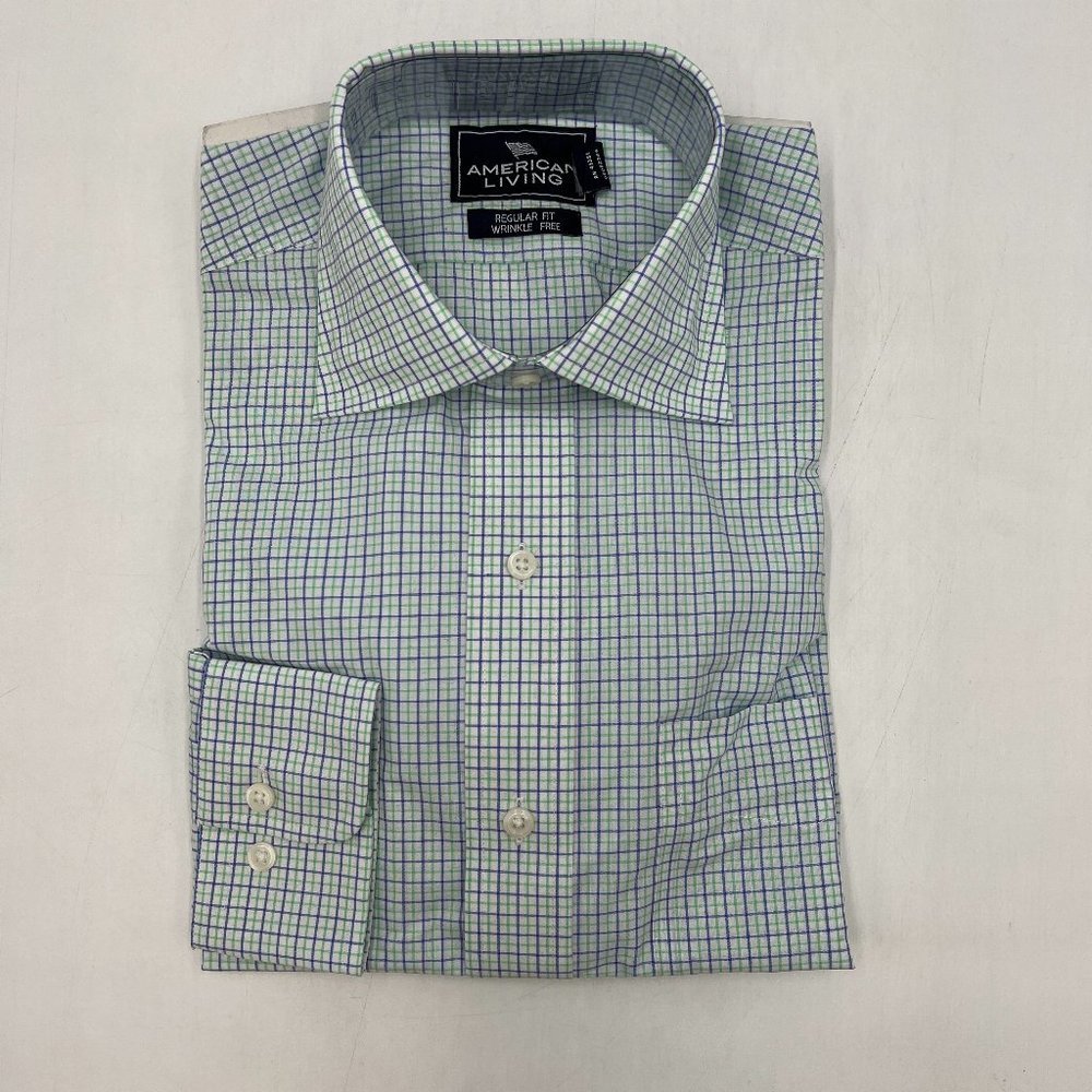 Men's American Living Long Sleeve Button up Shirt Green & Blue Plaid 15.5 34/35